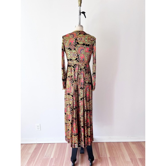 Vintage 70s Paisley Maxi Dress Pink Gold Sequin Trim Empire Waist Boho Gown - Picture 3 of 8